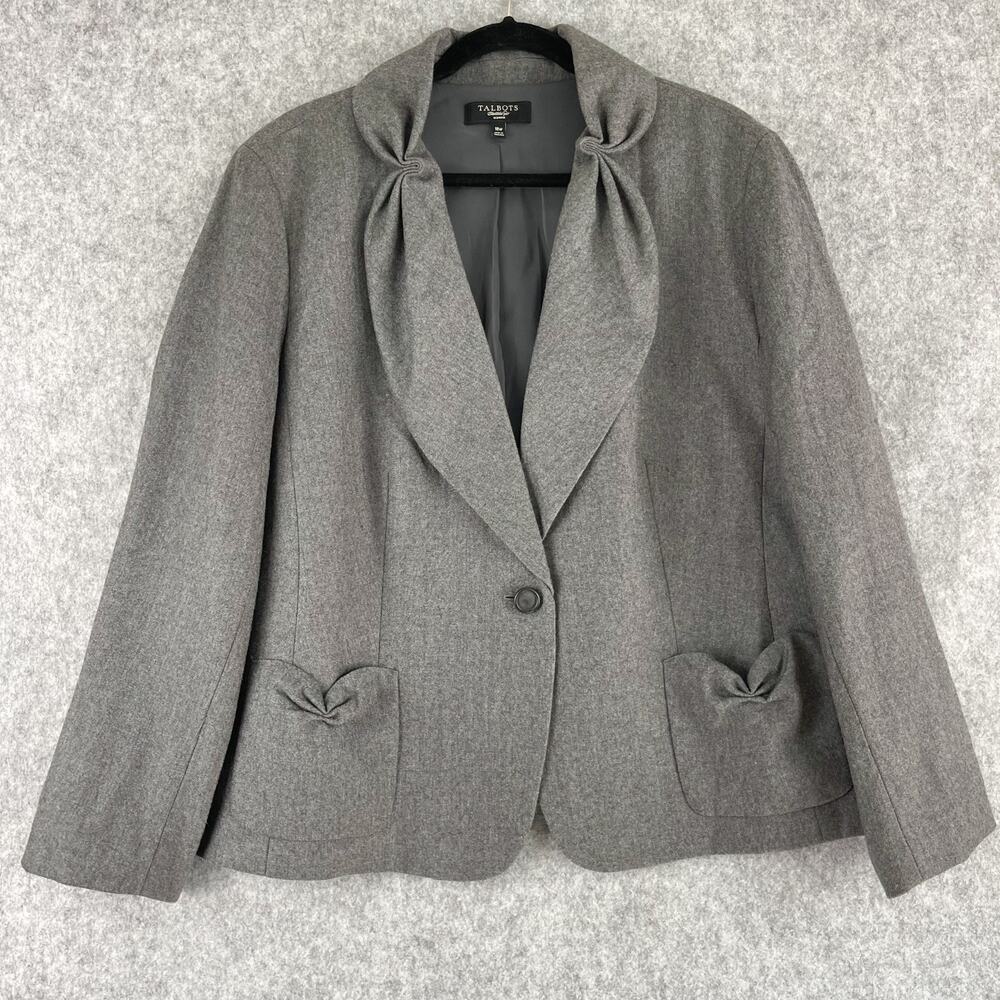 Talbots Wool Blazer Womens 18W Gray Pinch Lapel Pockets‎ Career Office Artsy
